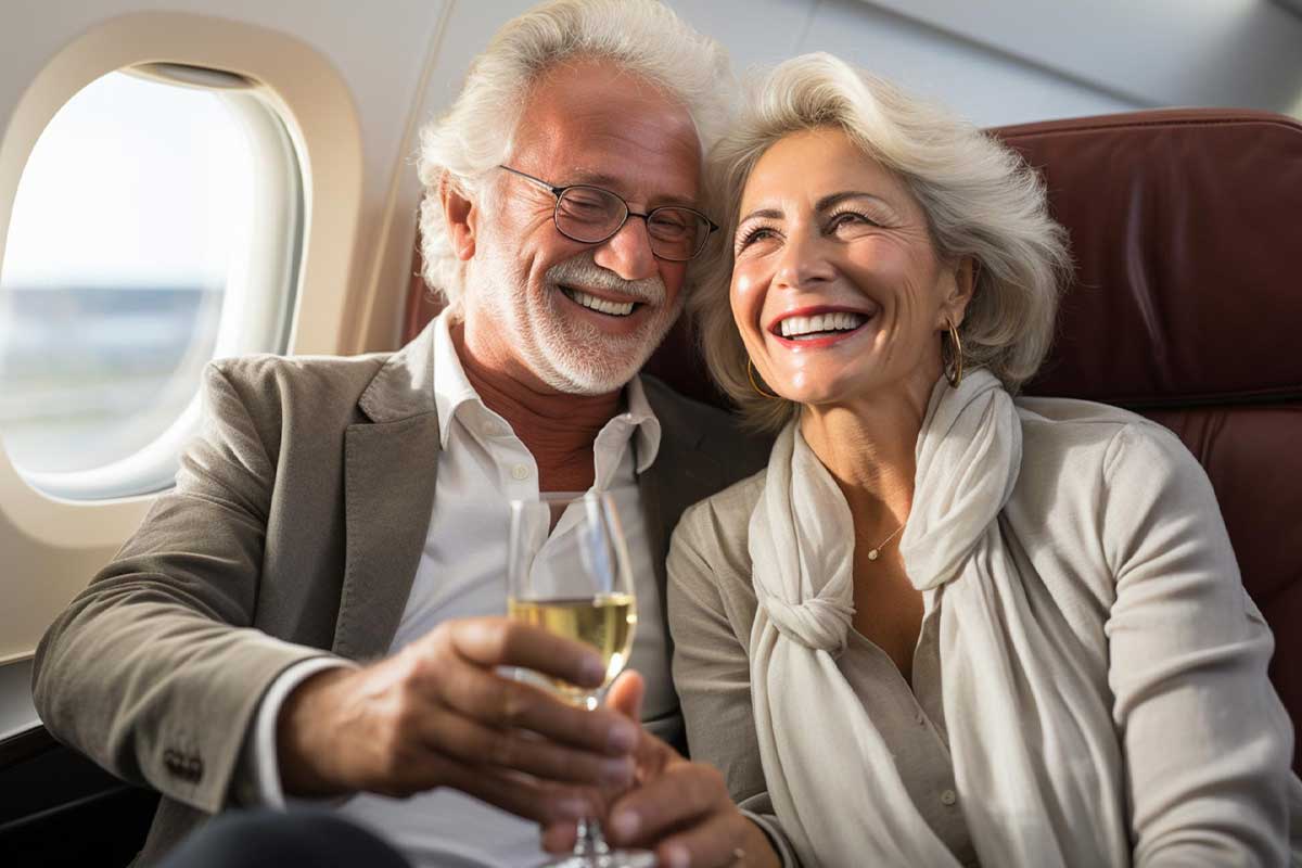 mature couple in a private jet plane